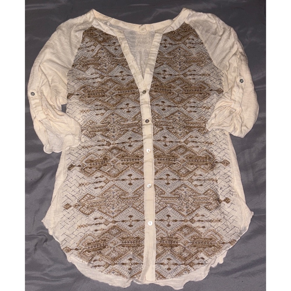 Anthropologie Tiny Silver & Gold Embroidered‎ Cream Silk Henley, Small